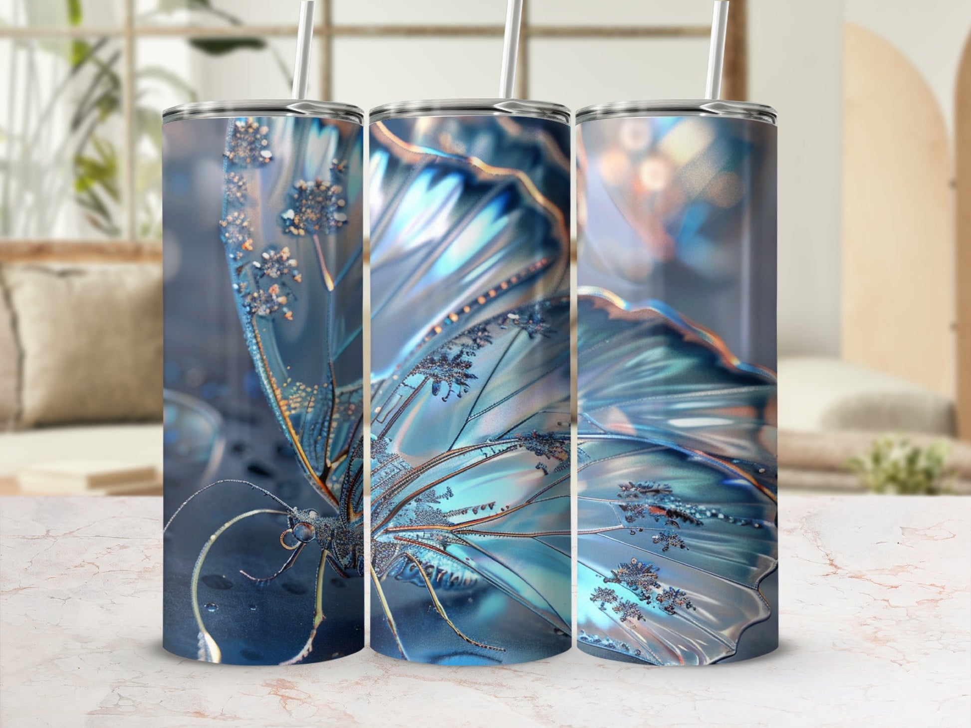 Close-up of a decorative tumbler featuring a iridescent blue butterfly design.