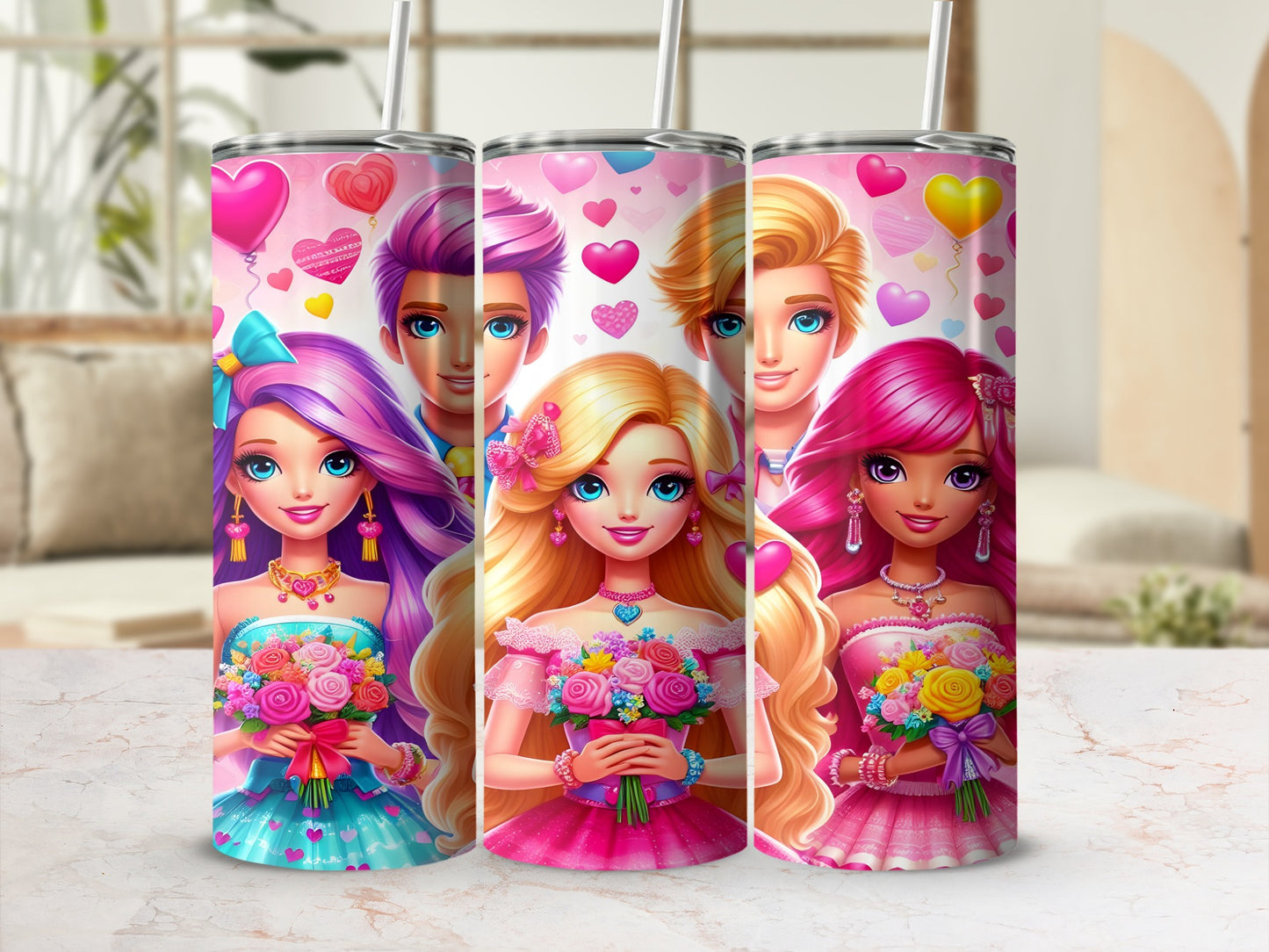 Three Barbie dolls holding bouquets with hearts and balloons background.