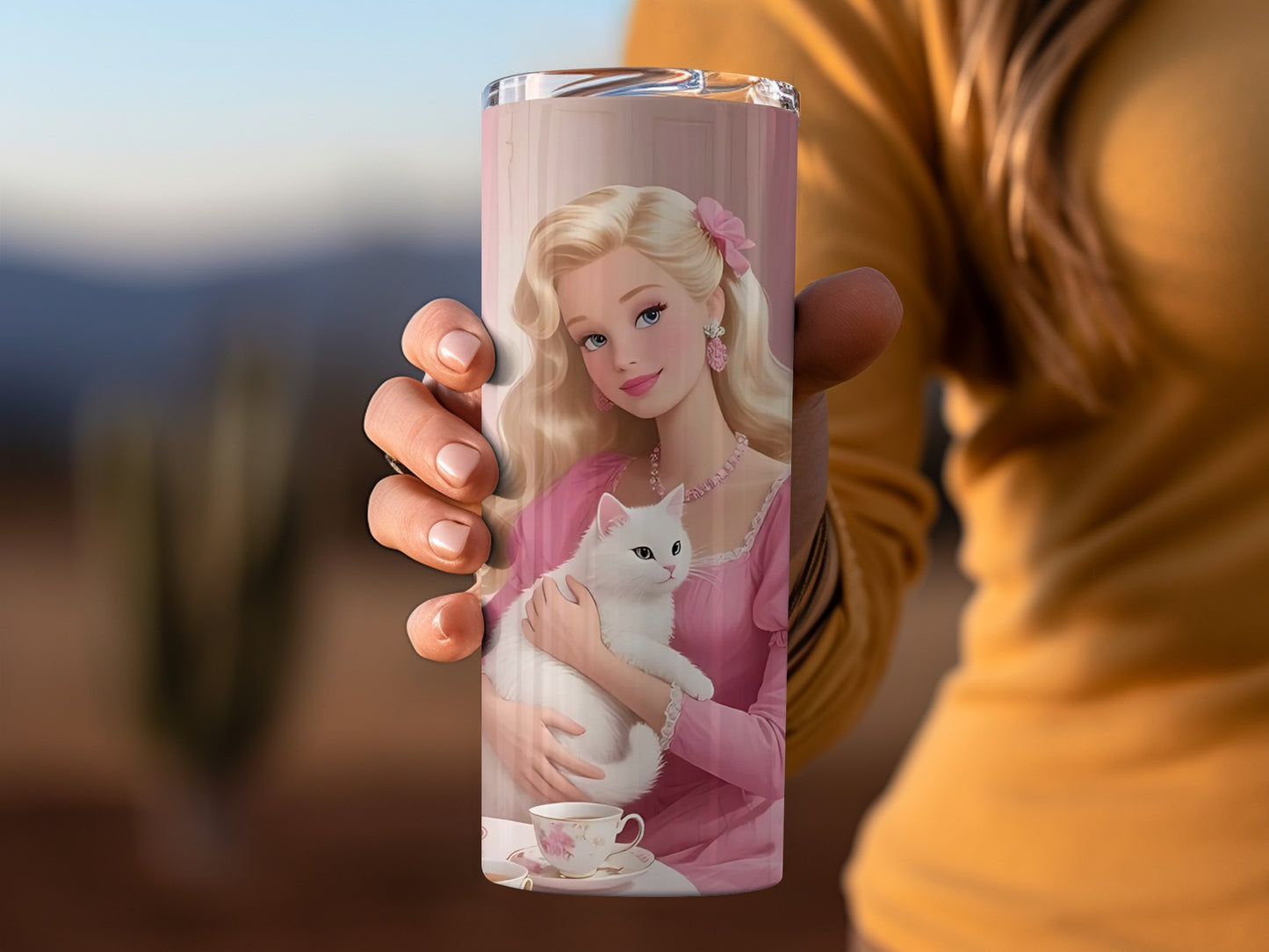 Elegant Blonde Doll Holding White Cat Travel Mug