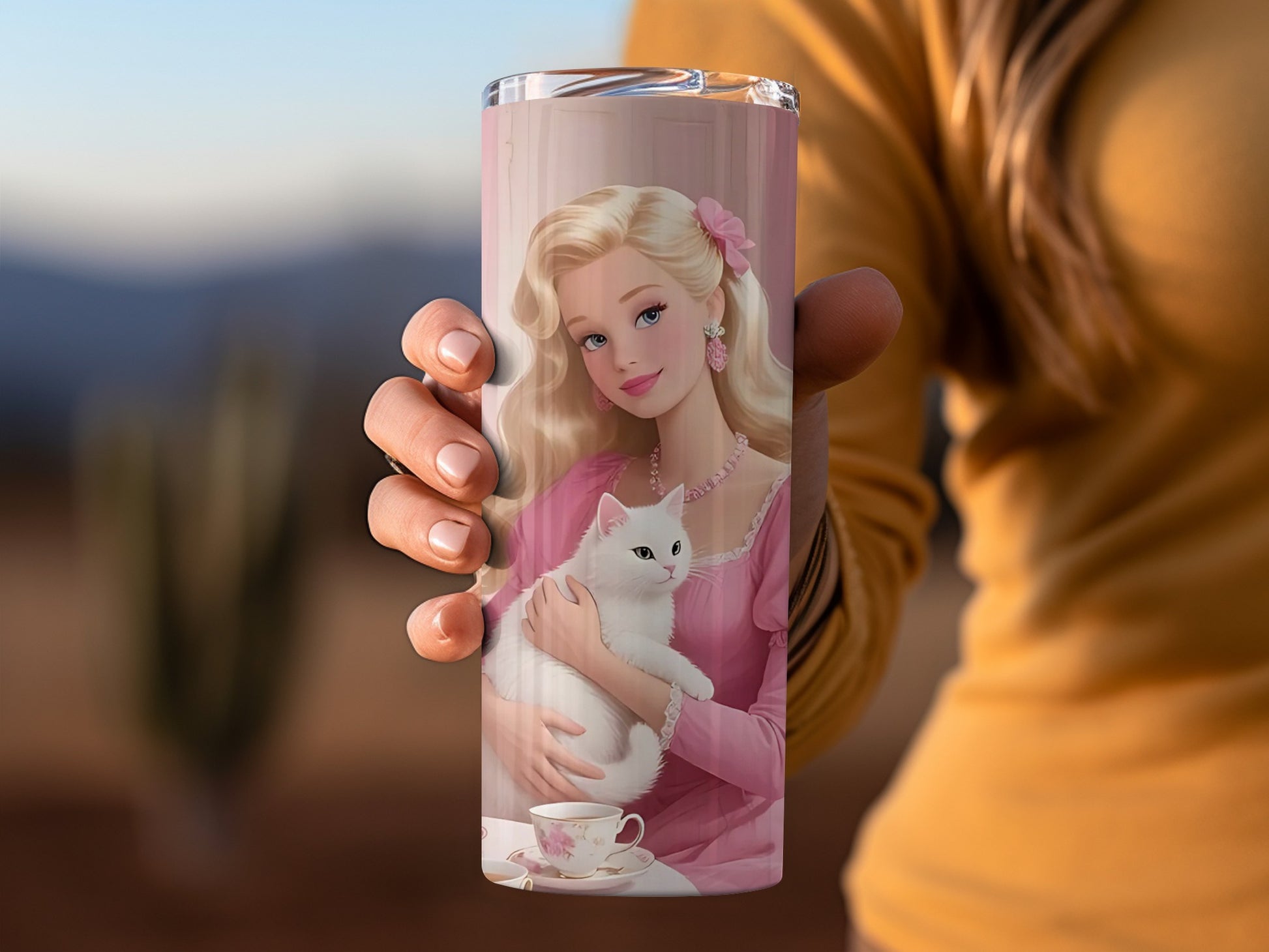 Elegant Blonde Doll Holding White Cat Travel Mug