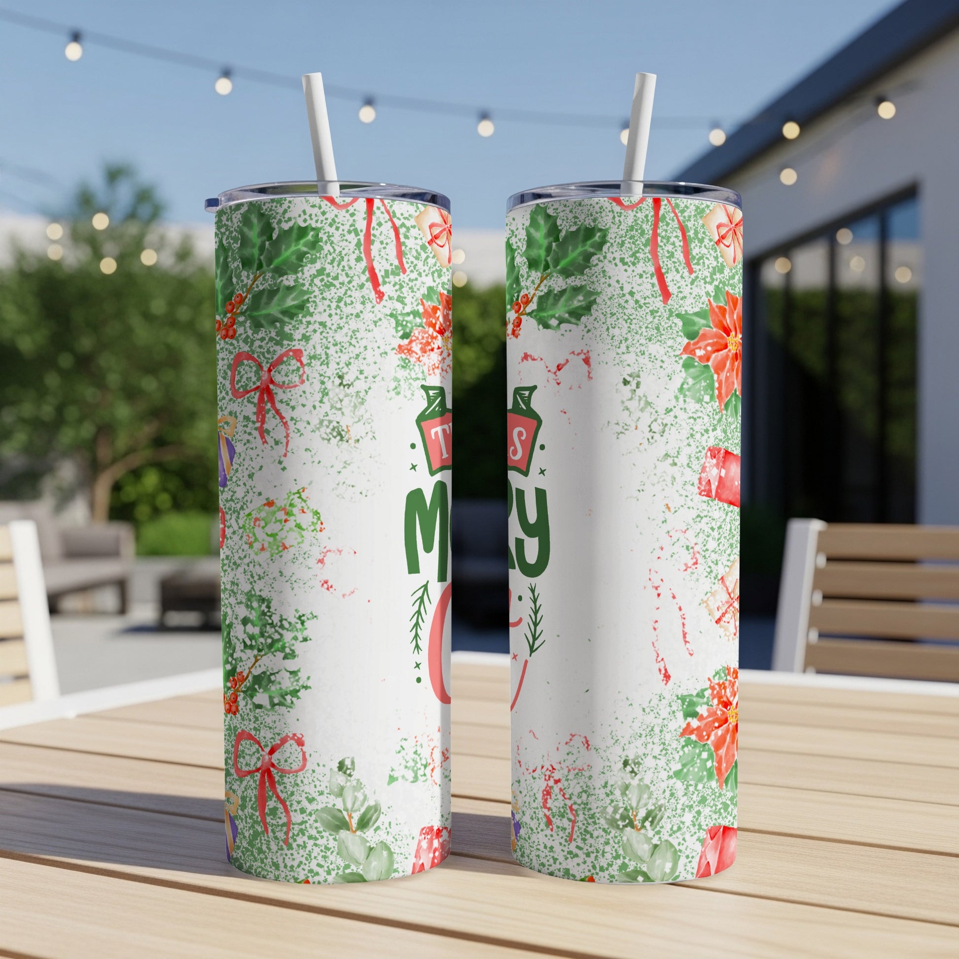 Two tumblers with "Merry Christmas" text and festive holly and ribbon graphics.