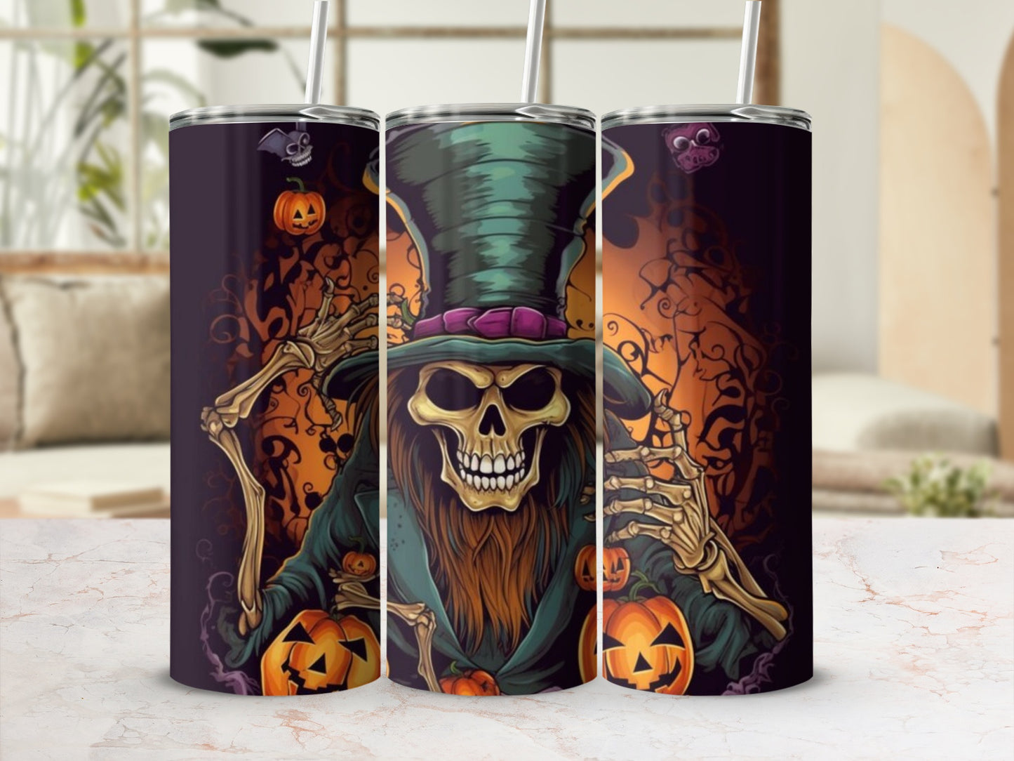 Three tumblers feature a skeleton in a hat surrounded by pumpkins and spooky Halloween graphics.