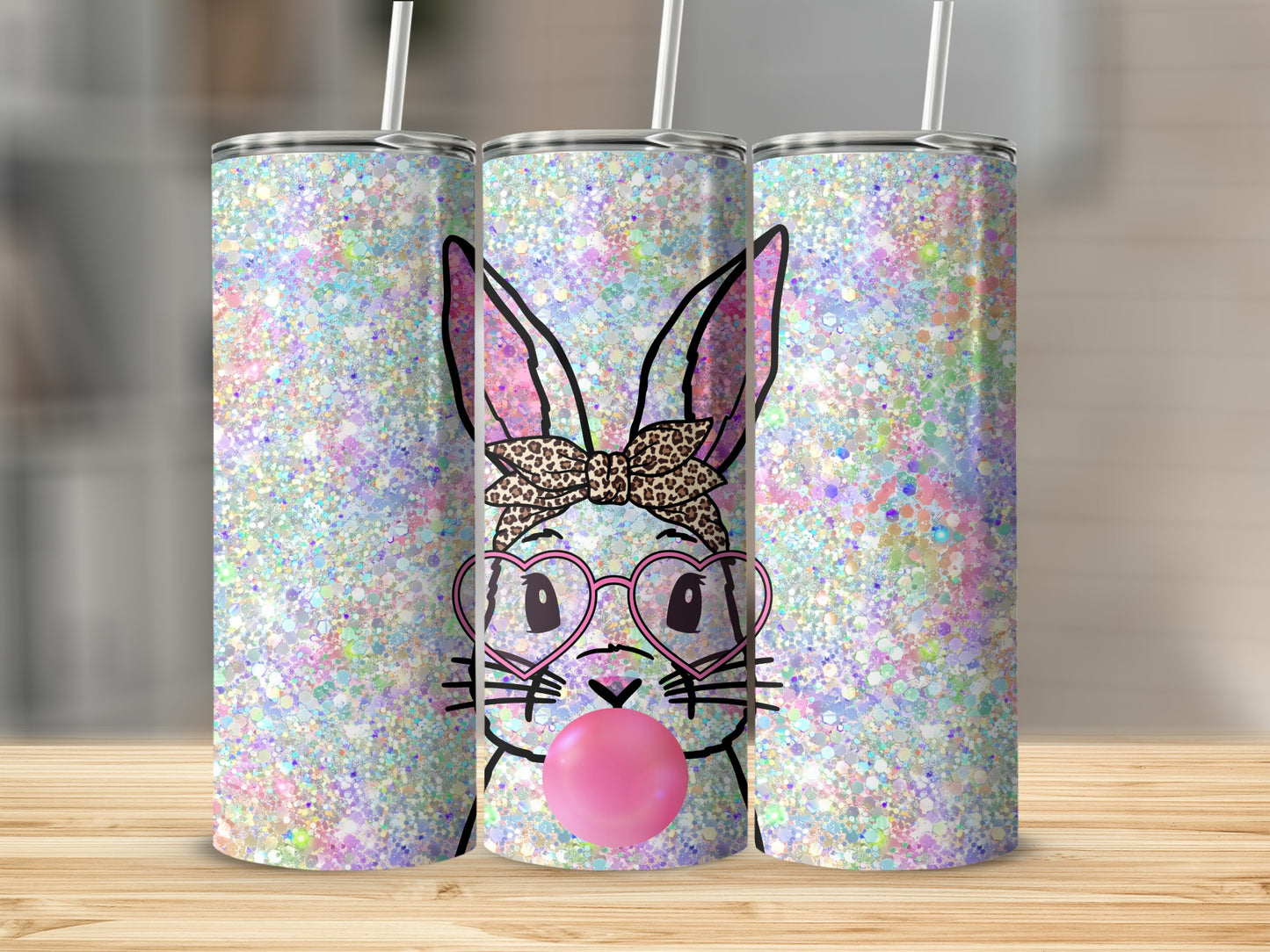 Glittery bunny with heart glasses blowing bubblegum, set of three tumblers.