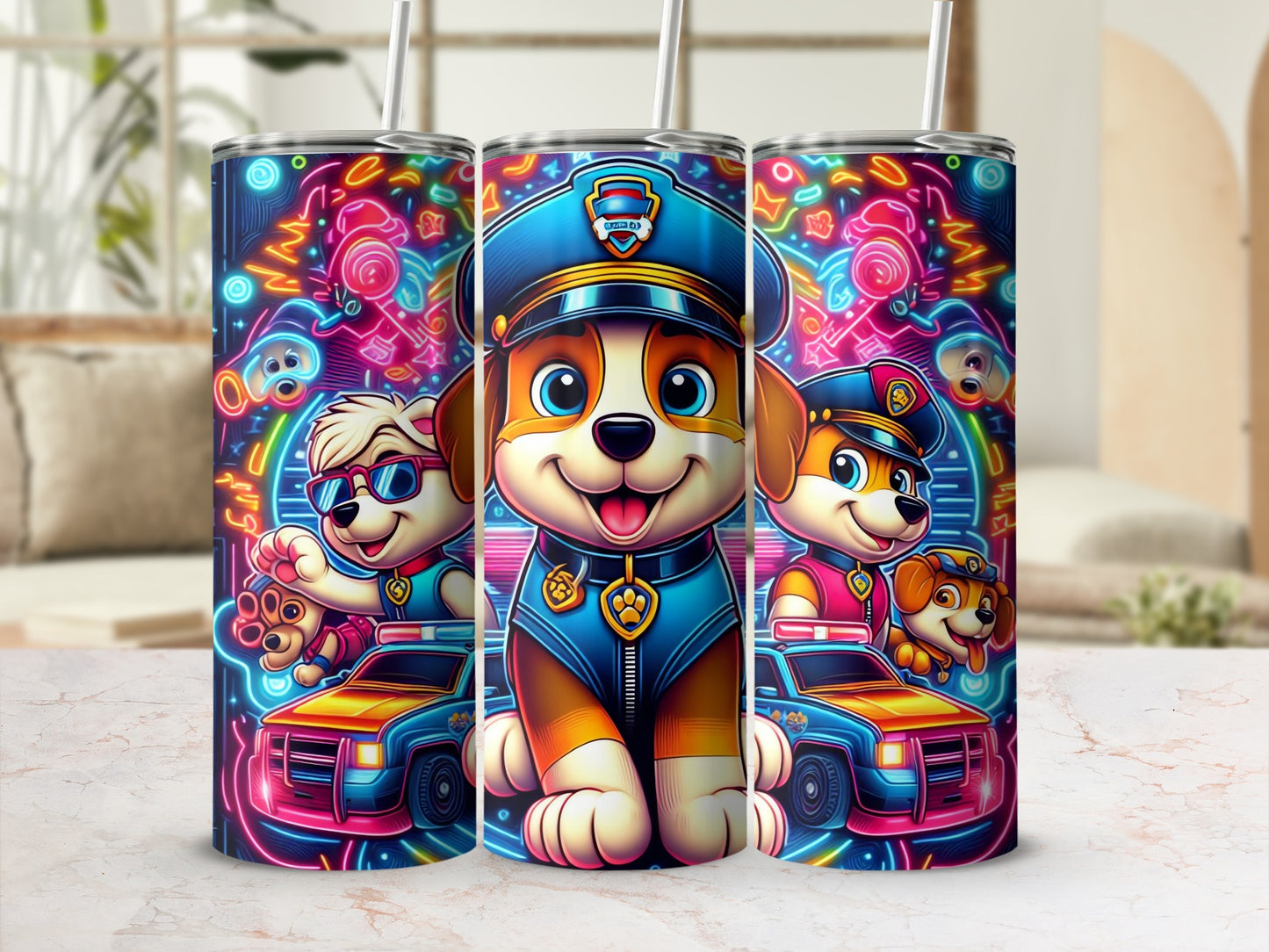 Fun Neon Cartoon Dogs and Police Themed Tumbler Cups
