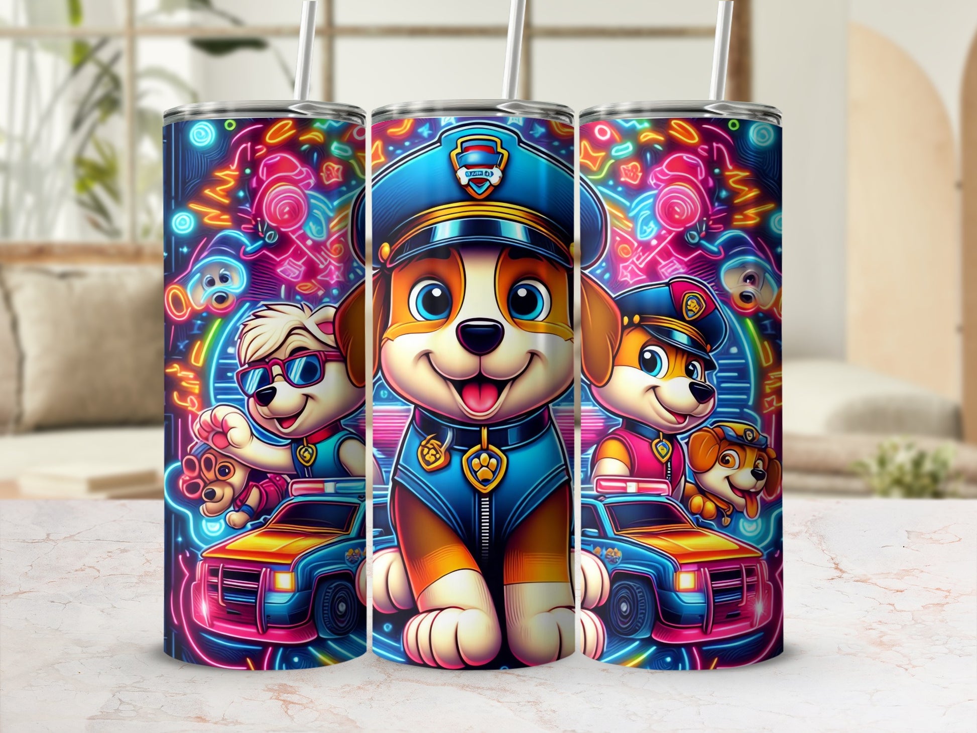 Fun Neon Cartoon Dogs and Police Themed Tumbler Cups