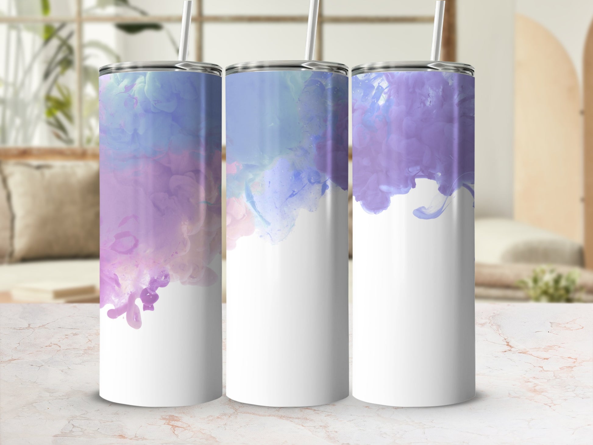 Three white tumblers with abstract purple and blue watercolor designs.
