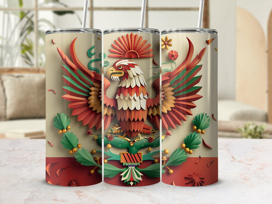Tumbler with a detailed Mexican eagle emblem and green floral accents.