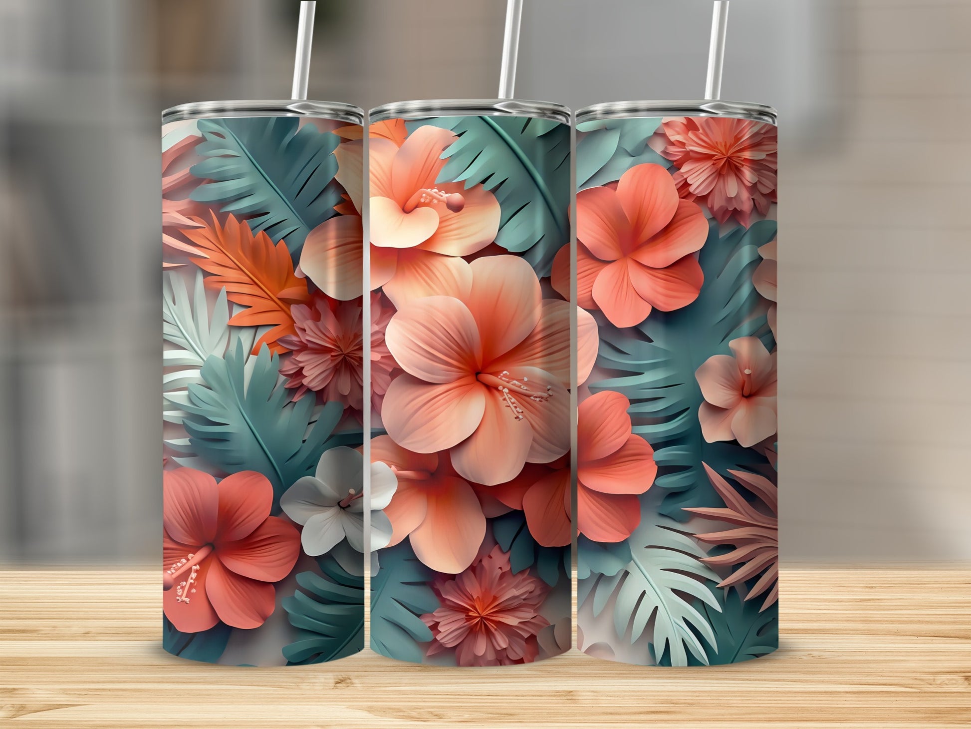 Tropical Floral Patterned Insulated Tumbler Cup