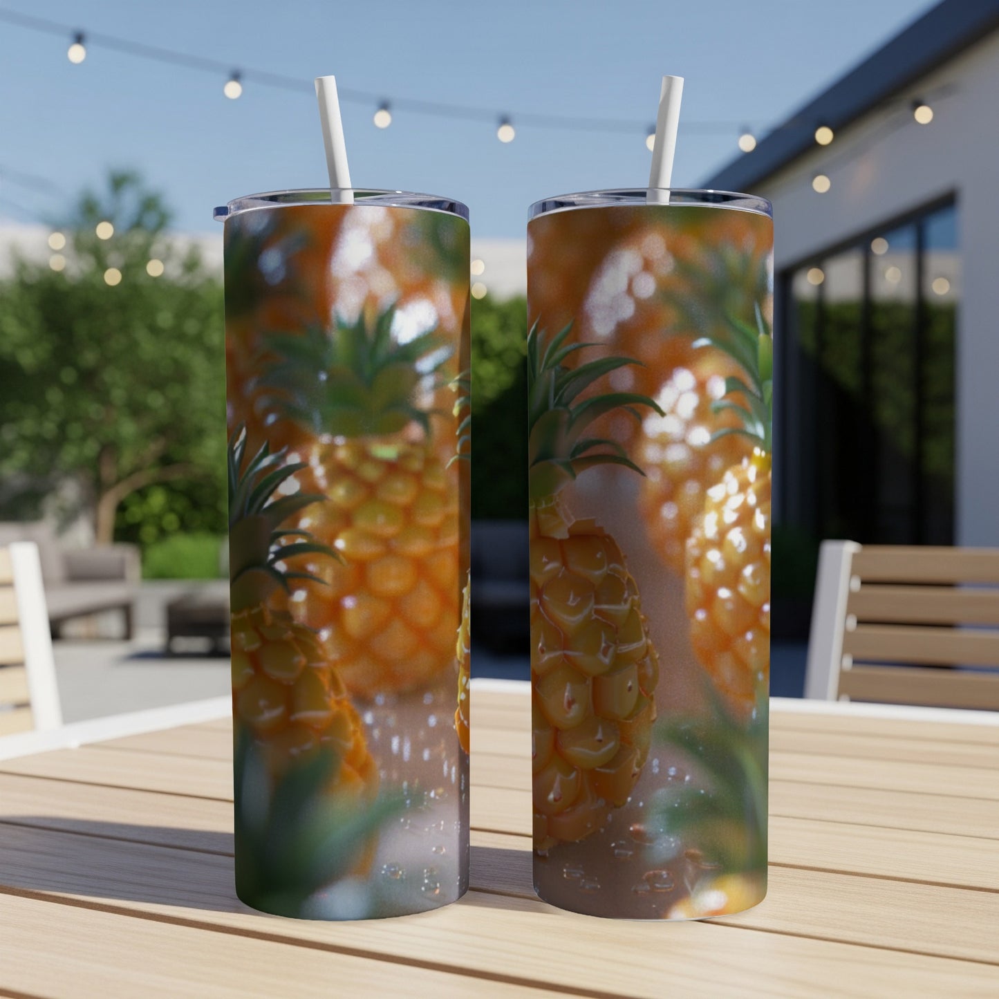 Two tumblers with a pineapple pattern on a wooden table outdoors.