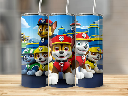 Paw Patrol characters Chase, Marshall, and Rubble on a blue background.
