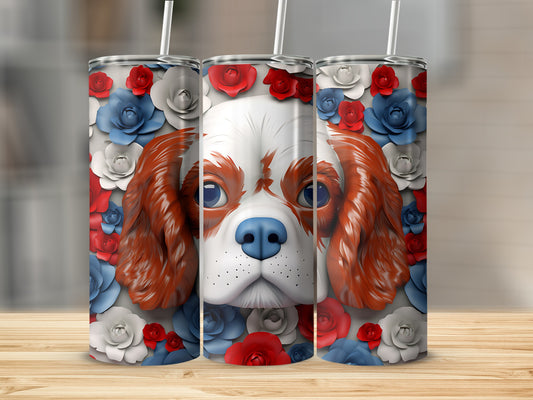Three stainless steel tumblers with a patriotic dog face design.