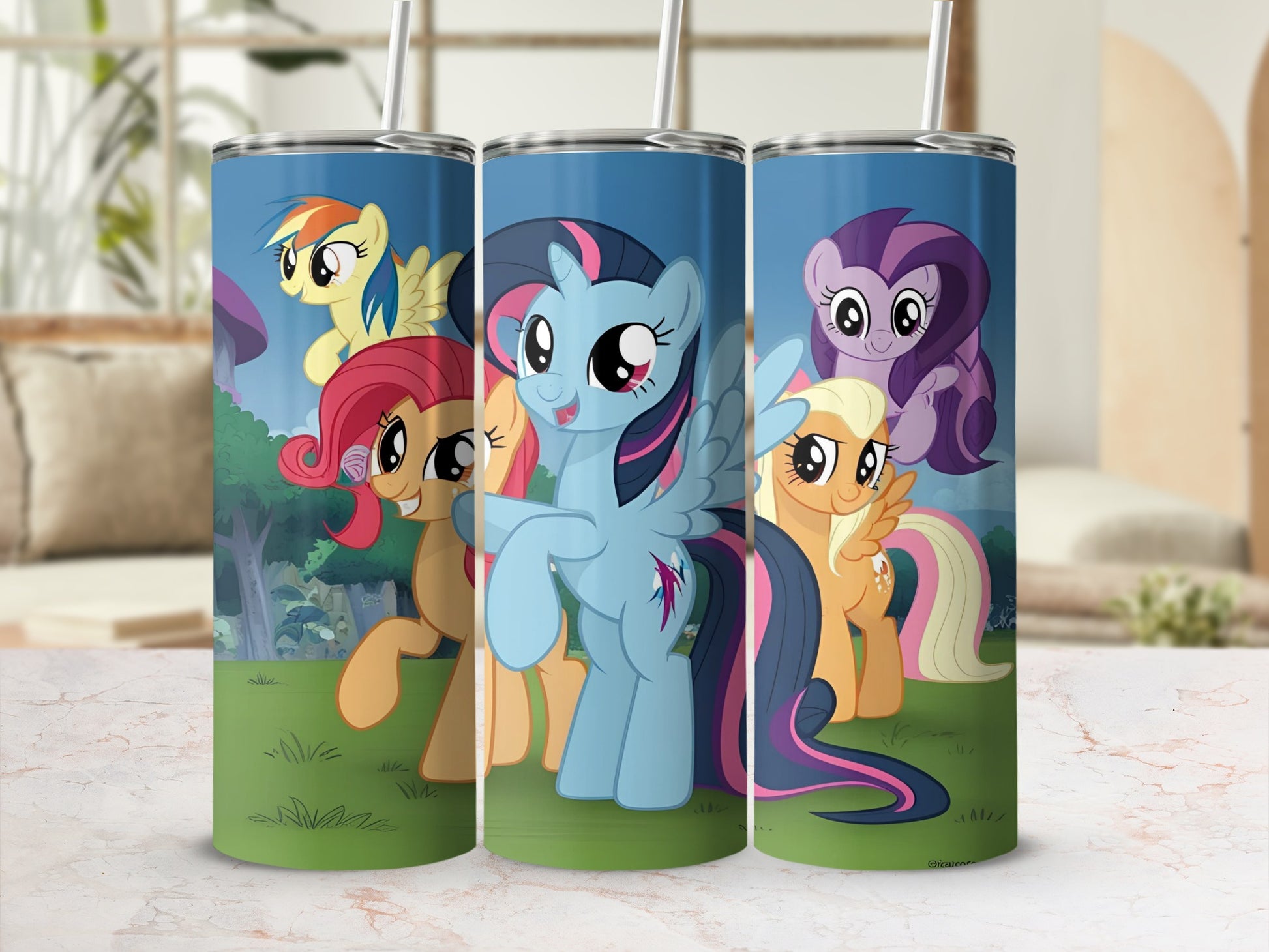 Three My Little Pony tumblers featuring Rainbow Dash, Twilight Sparkle, and Applejack.