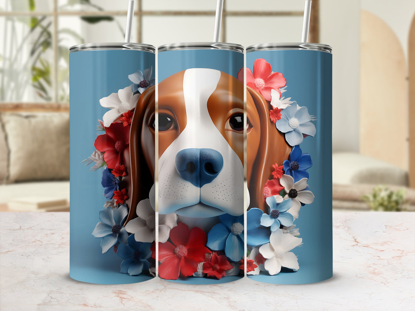 Beagle face surrounded by red, white, and blue flowers on a blue tumbler.