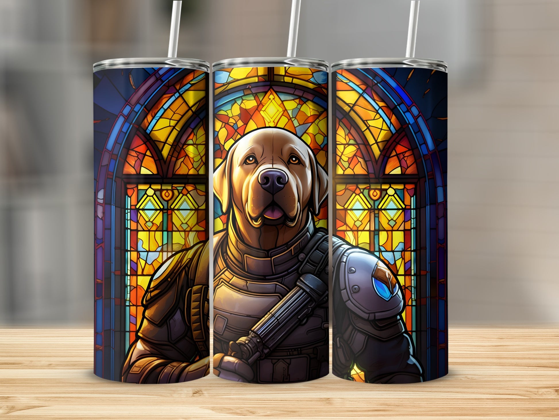 Labrador dog in armor against a stained glass background on tumblers.