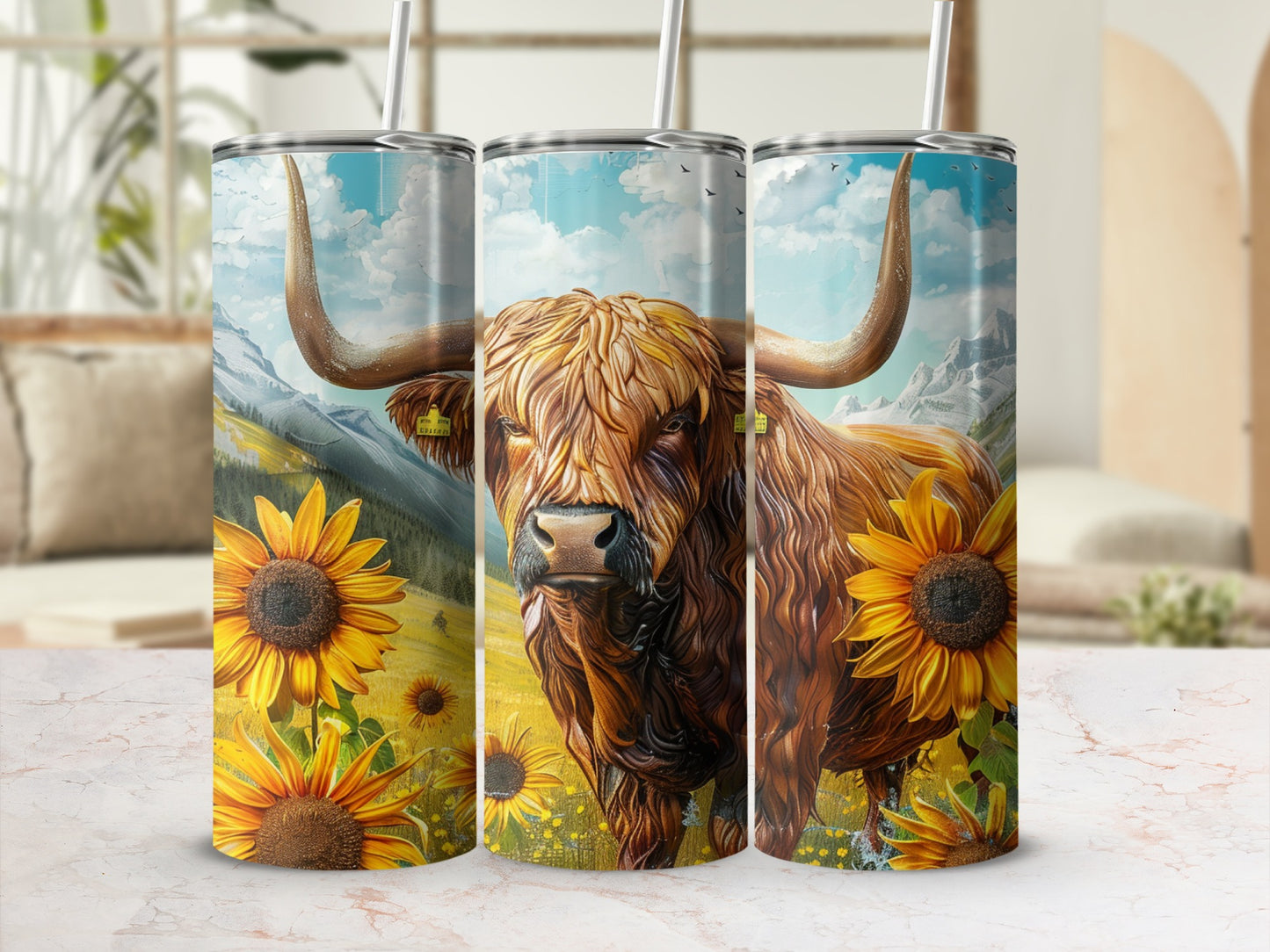 Highland cow and sunflowers on a rustic tumbler.