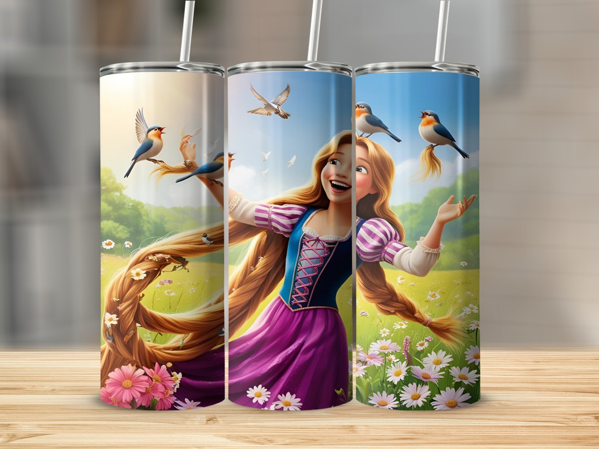 Tangled Rapunzel with long hair and birds in a field of flowers.