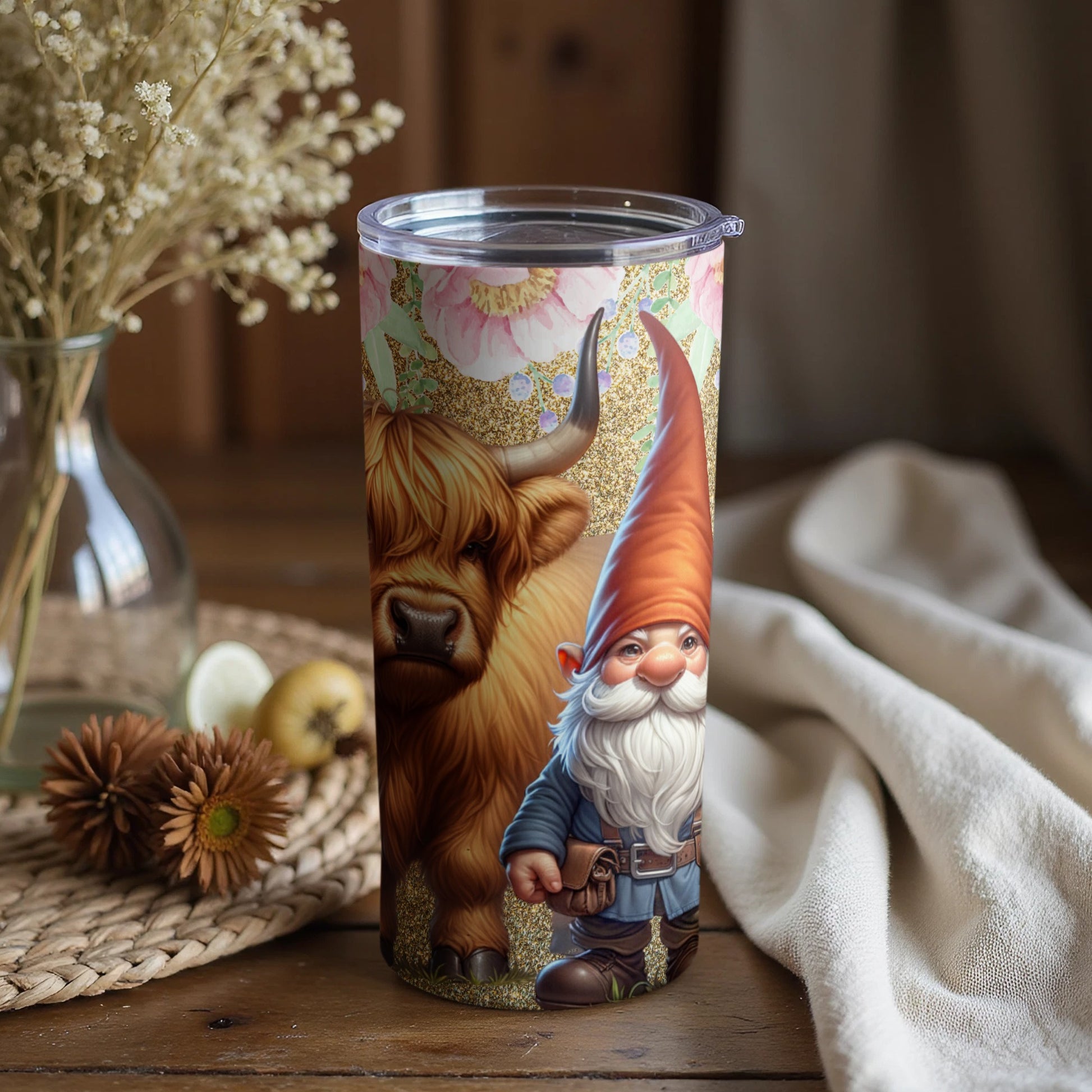 Highland Cow and Gnome Floral Glitter Tumbler
