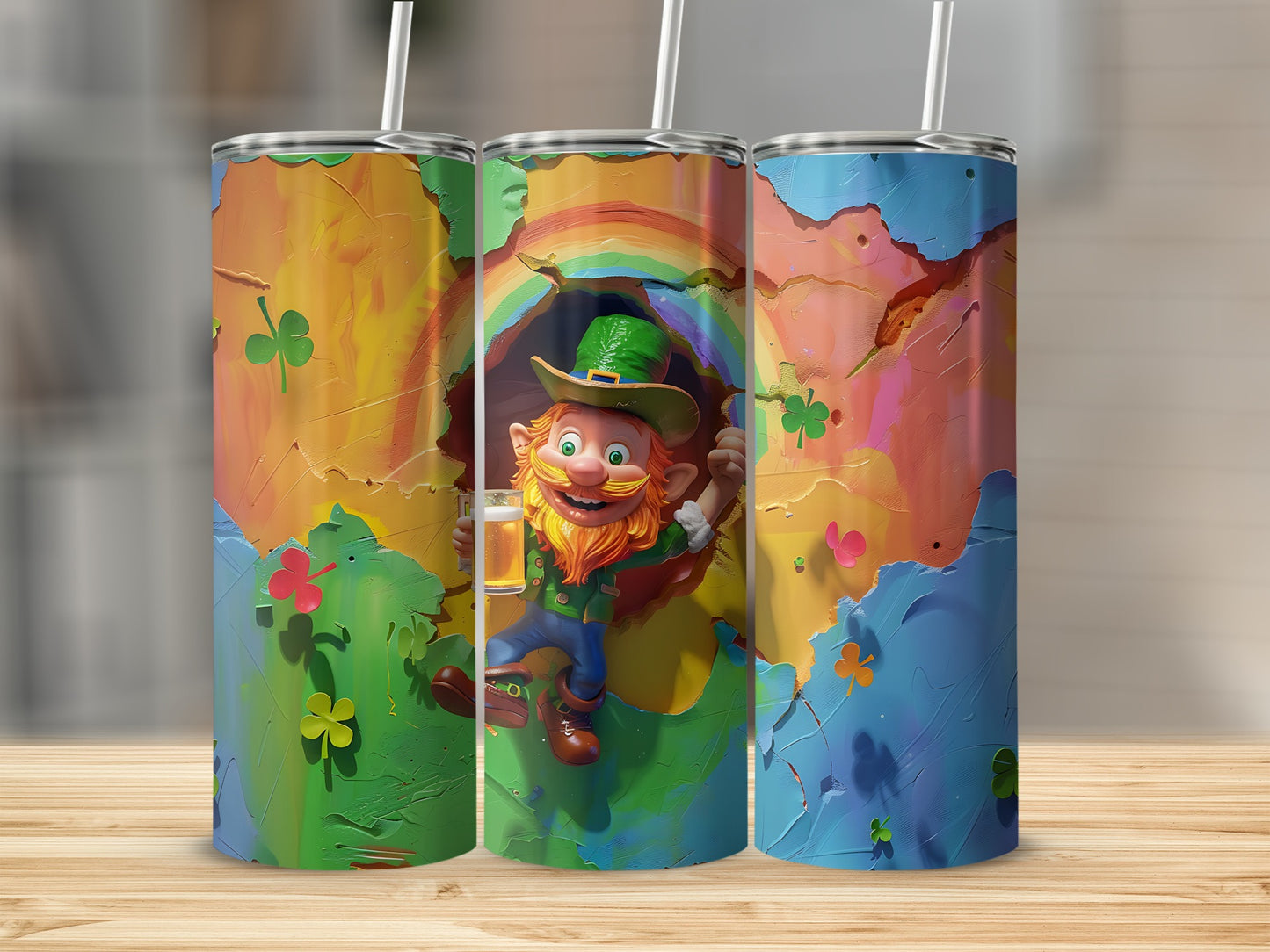 Leprechaun with rainbow and shamrocks on a textured tumbler.
