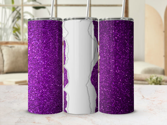 Purple glitter tumbler with torn paper overlay and straw.