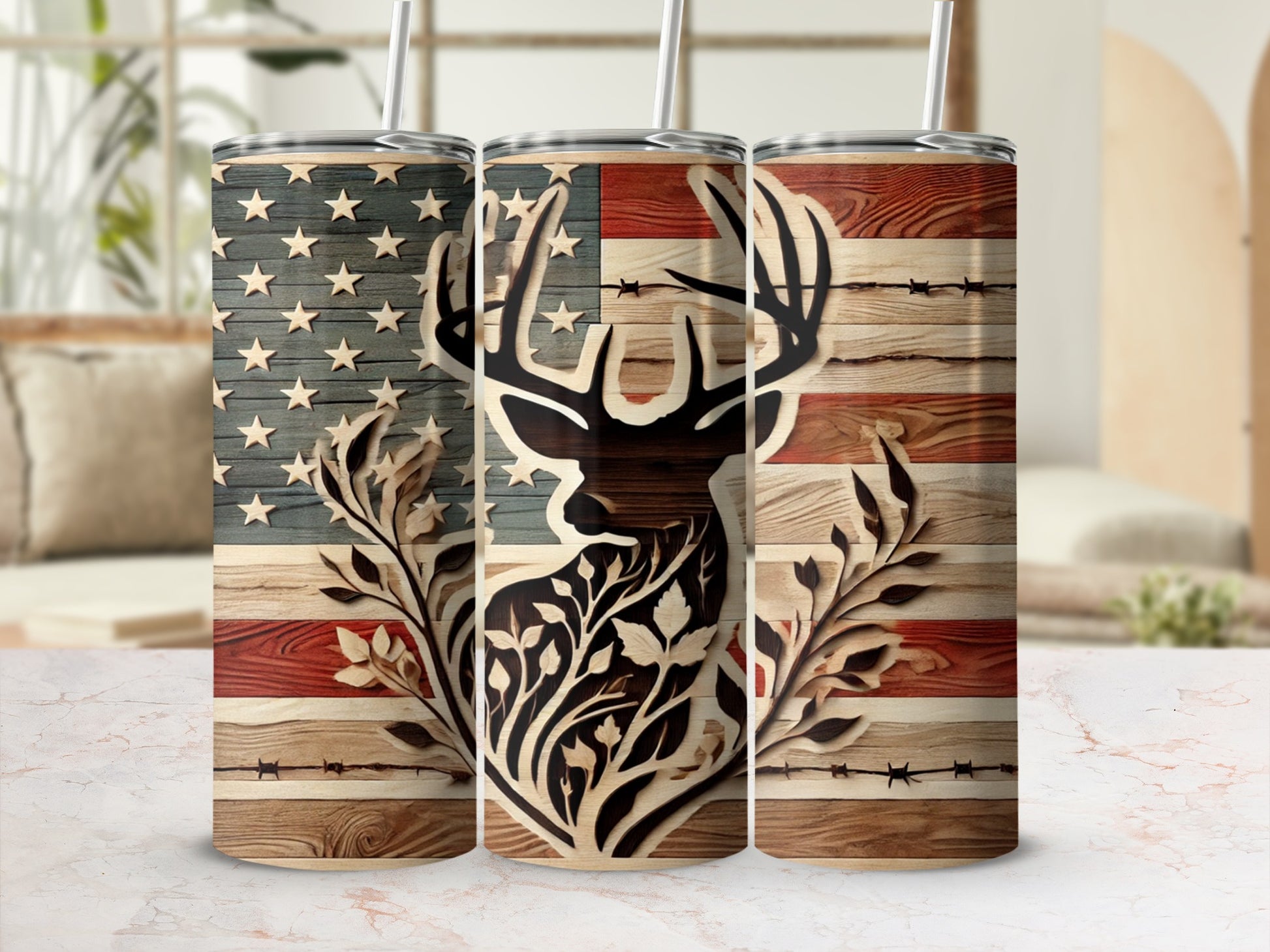 Rustic American Flag Deer Design Tumbler with Straw