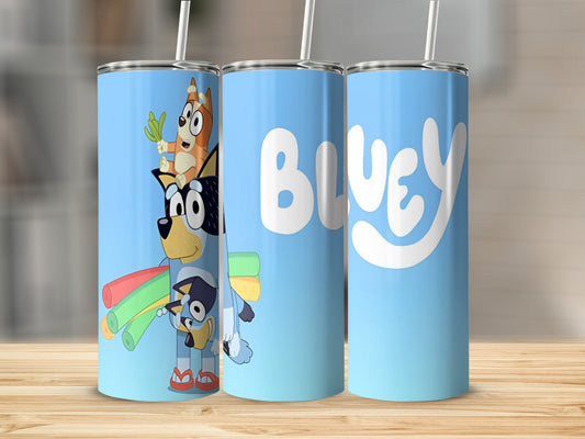 Bluey tumbler with characters Bluey, Bingo, and Bandit on a light blue background.