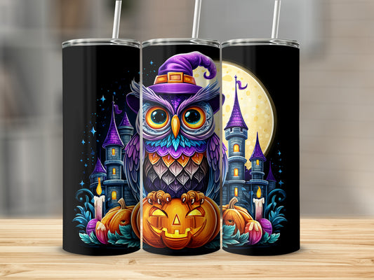 Spooky Halloween Owl with Pumpkins and Haunted Castle