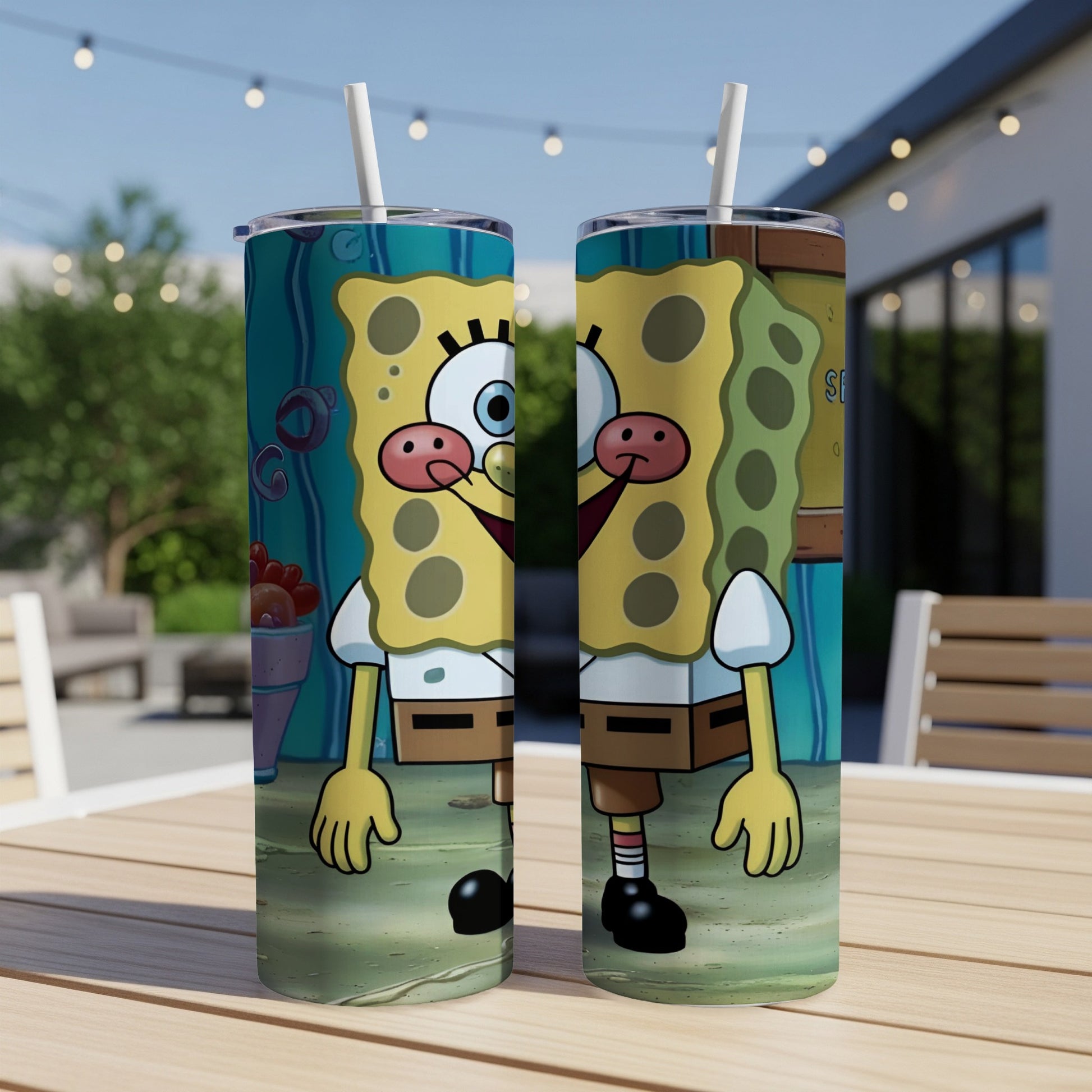 SpongeBob SquarePants on a blue and yellow tumbler with two straws.