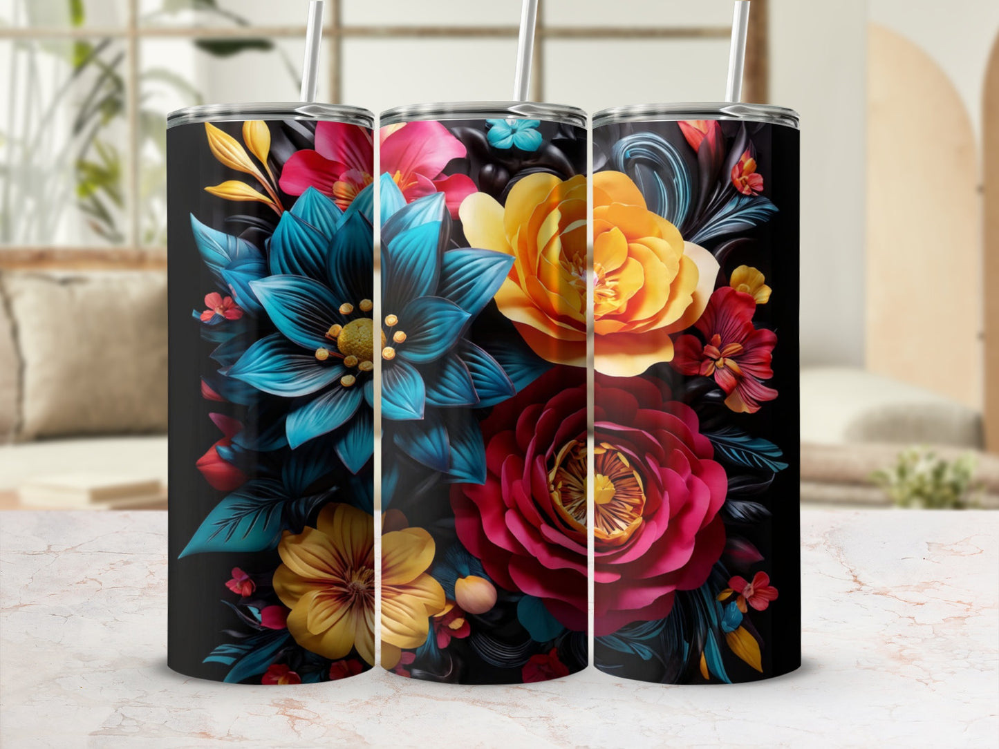 Tall tumbler with vibrant floral design on black background.
