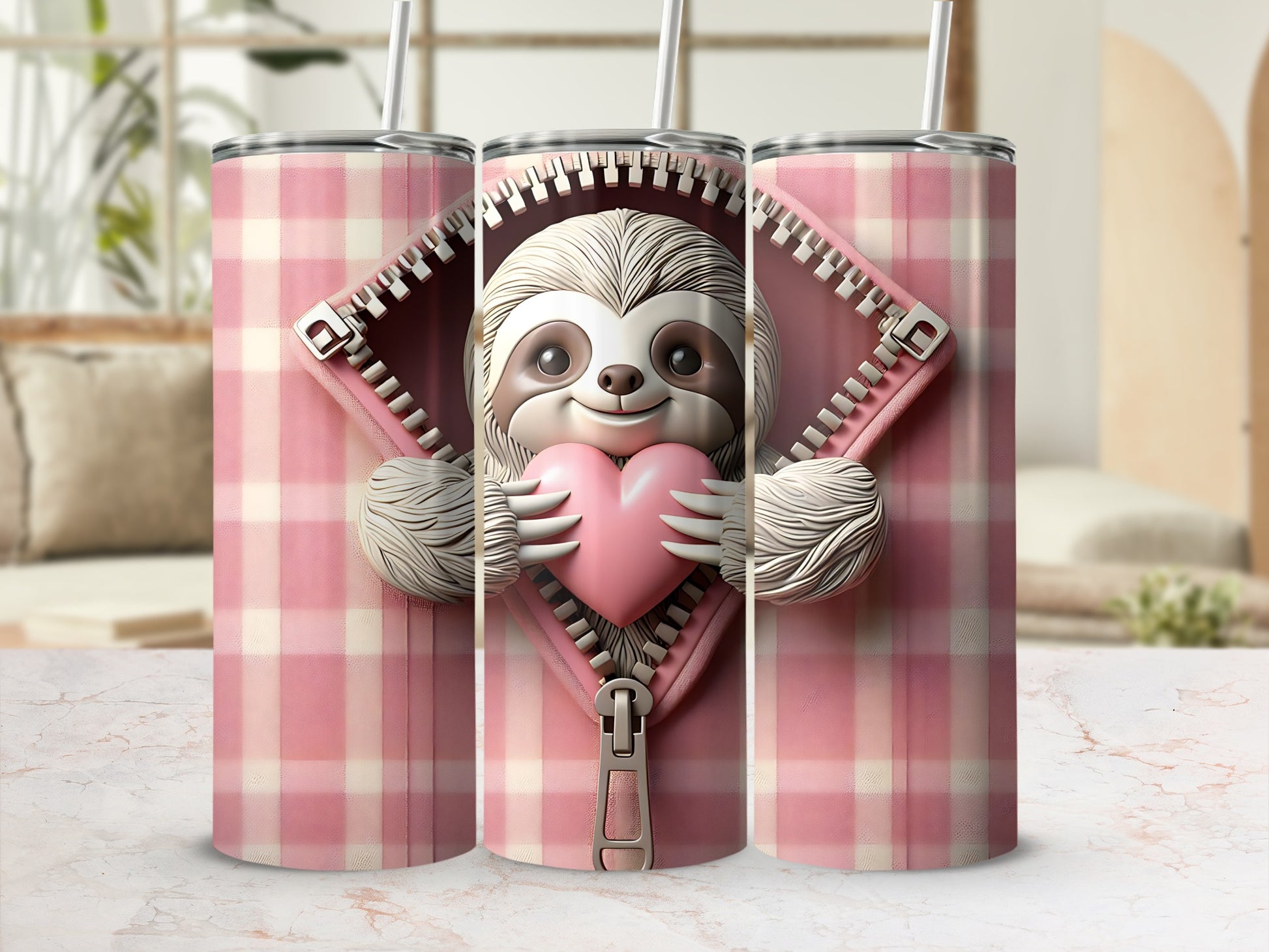Three pink plaid tumblers with a sloth holding a heart peeking out.