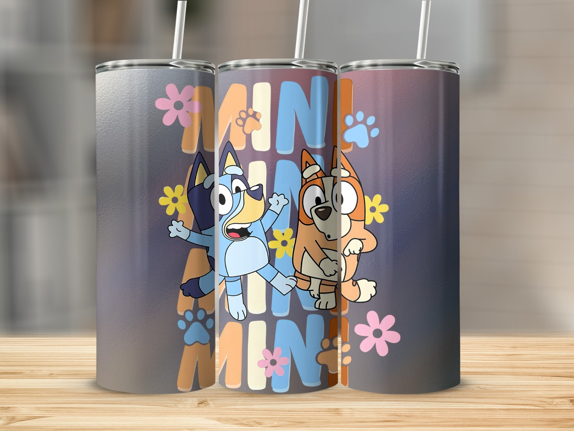 Cute Cartoon Characters Paw Prints Floral Design Tumbler