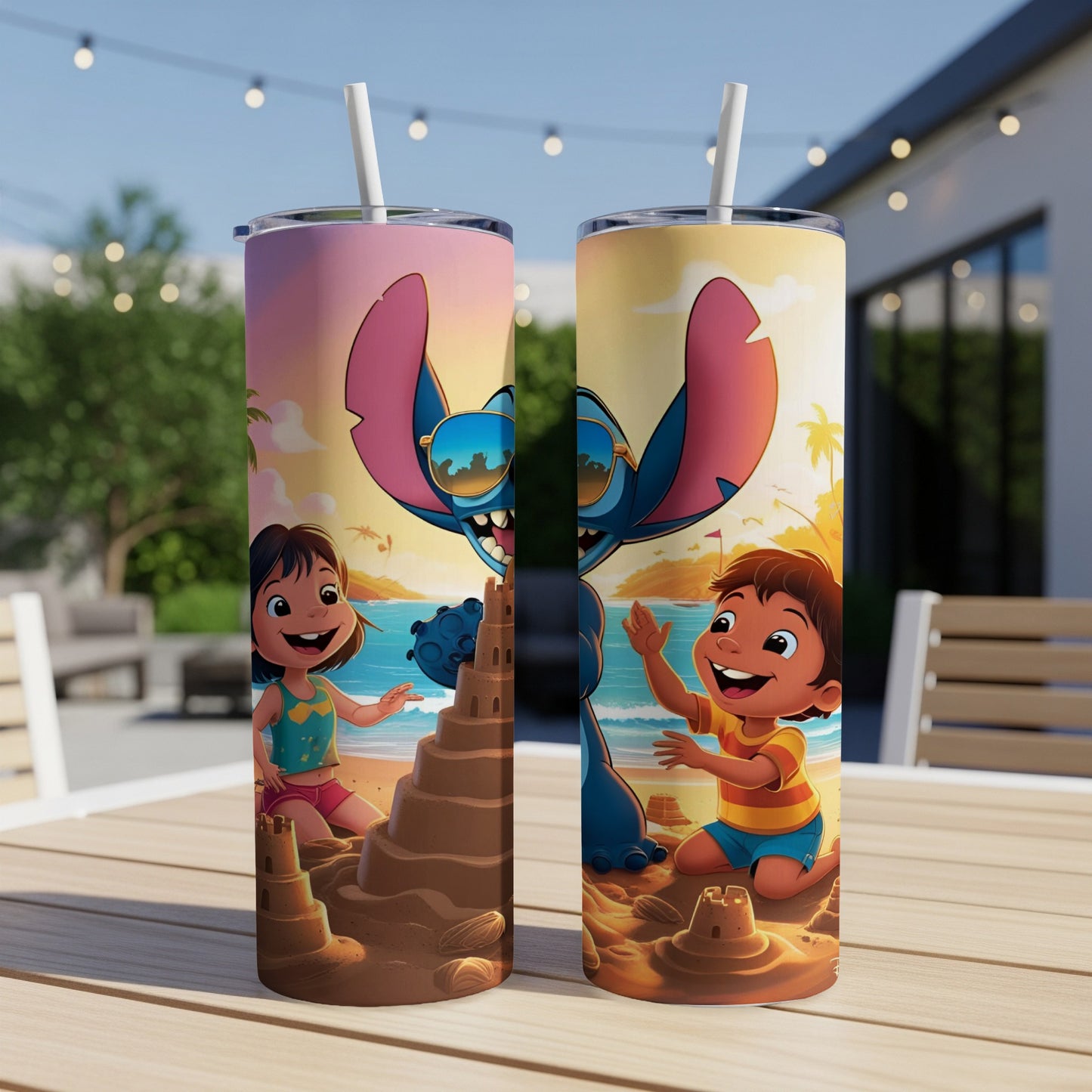 Stitch and two children build sandcastles at the beach, one on each tumbler.