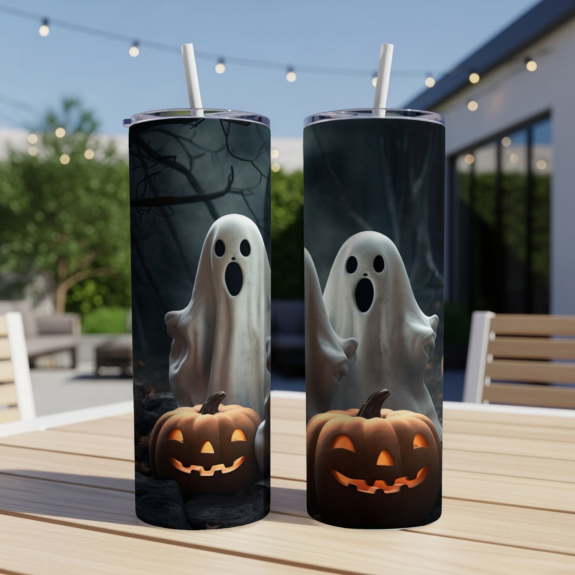 Two tumblers featuring playful ghosts and jack-o'-lanterns on a wooden table.