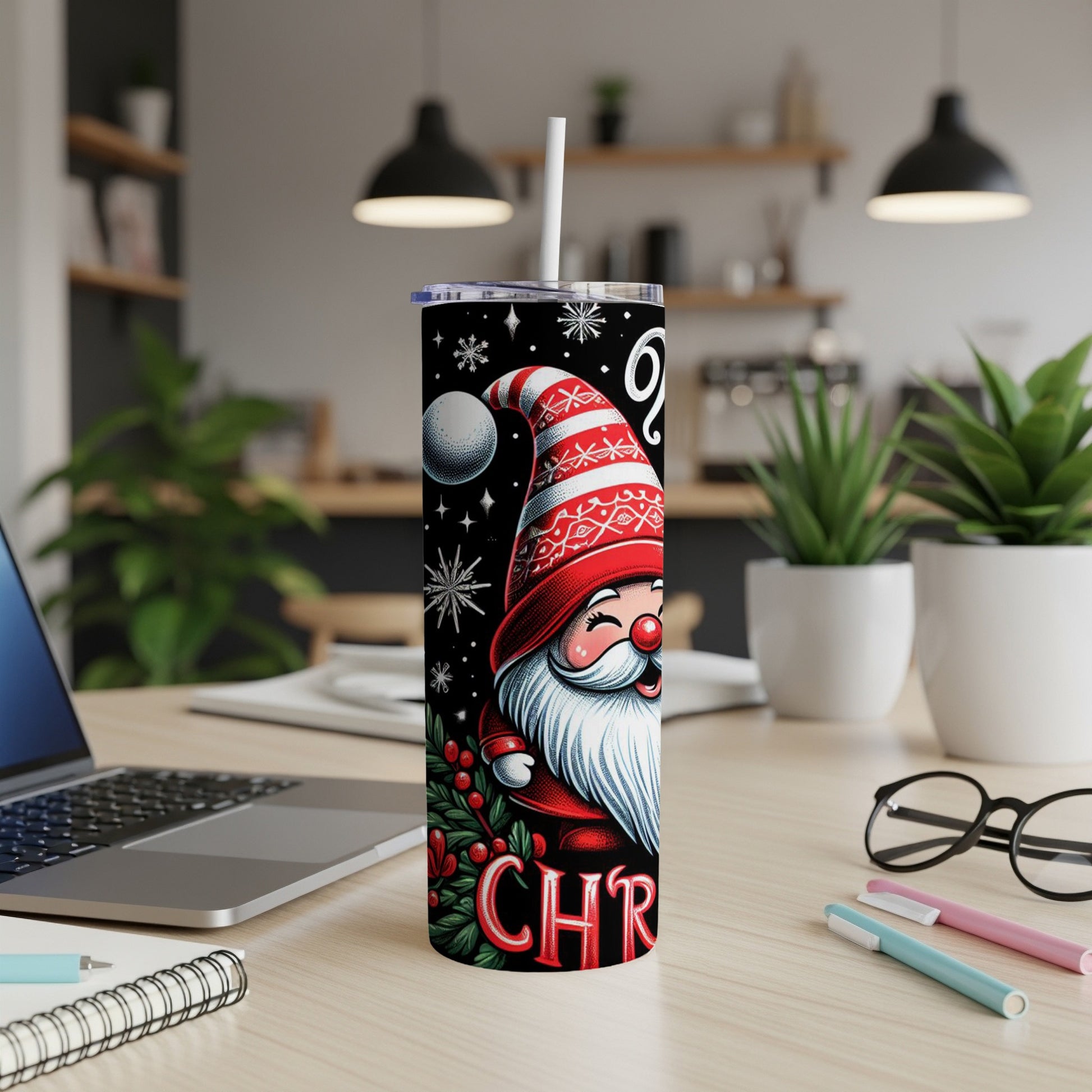 Tall tumbler with a jolly Santa Claus graphic and festive holiday decorations.
