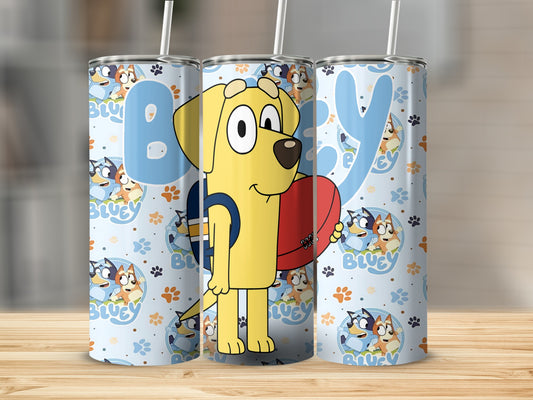 Bluey cartoon dog character with backpack and rugby ball on tumbler.