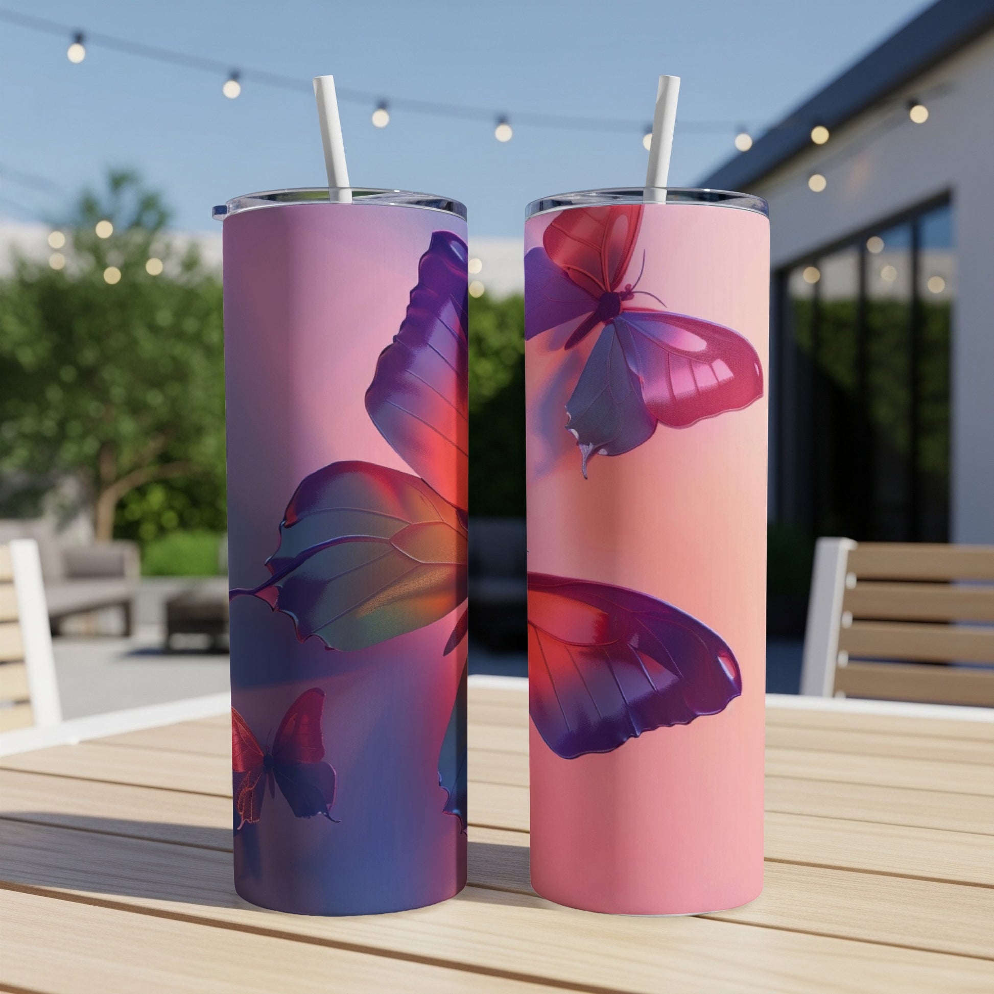 Two tall tumblers with iridescent butterfly designs on a patio table.