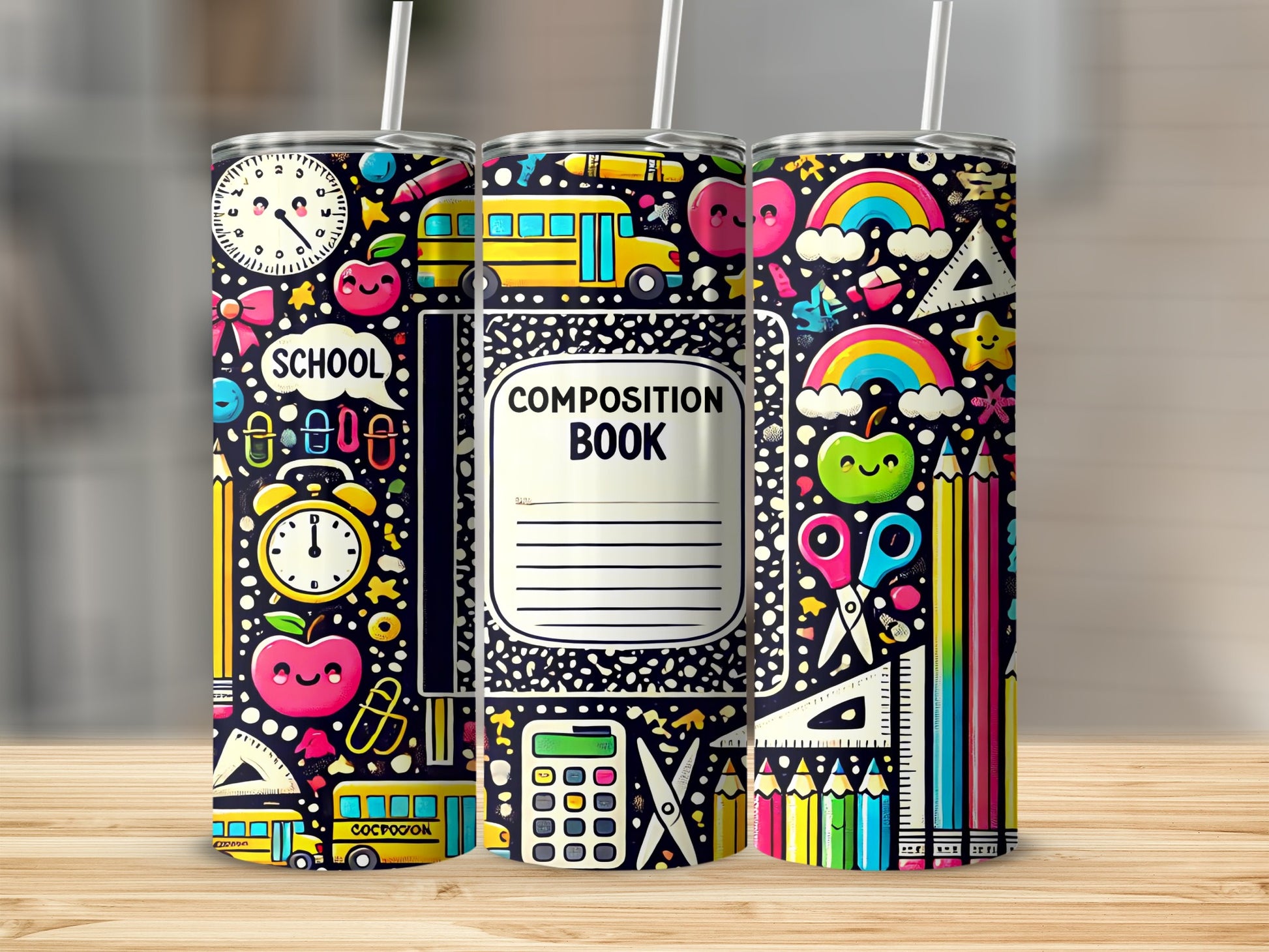 Tumbler with school-themed illustrations, including a composition book, school bus, and colorful school supplies.
