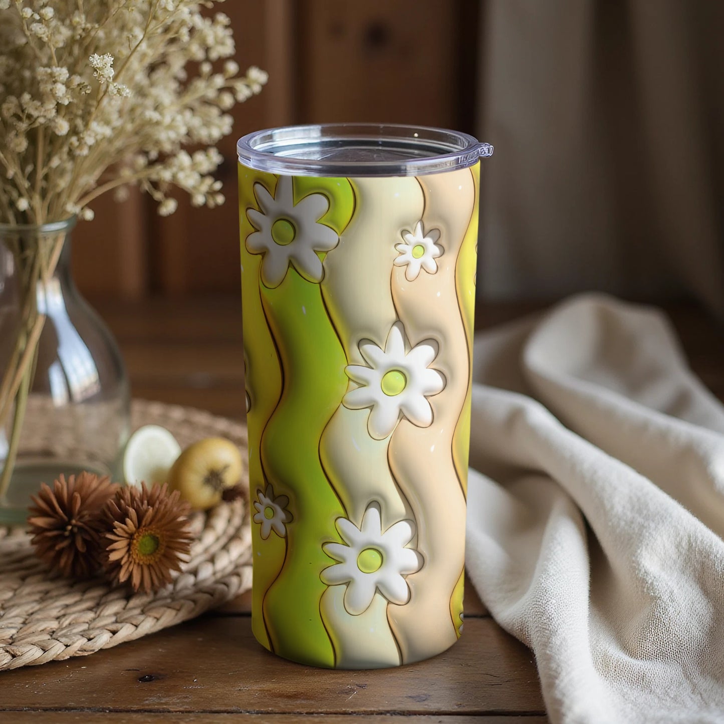 Groovy Floral Daisy Pattern Tumbler with Lid