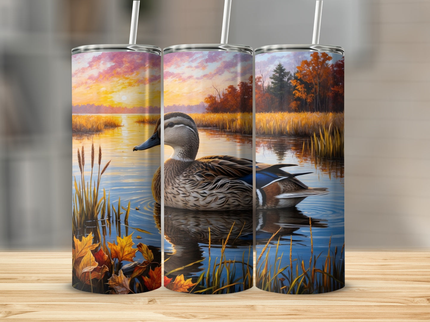 Mallard duck in serene marsh landscape with autumn foliage and sunset.