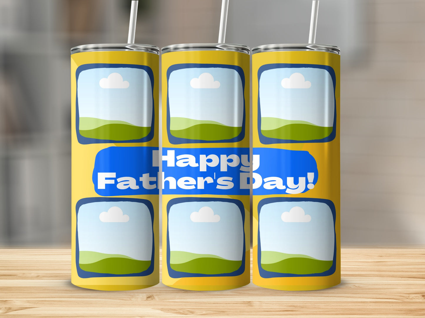 Yellow tumblers with blue frames holding landscape photos and "Happy Father's Day!" text.