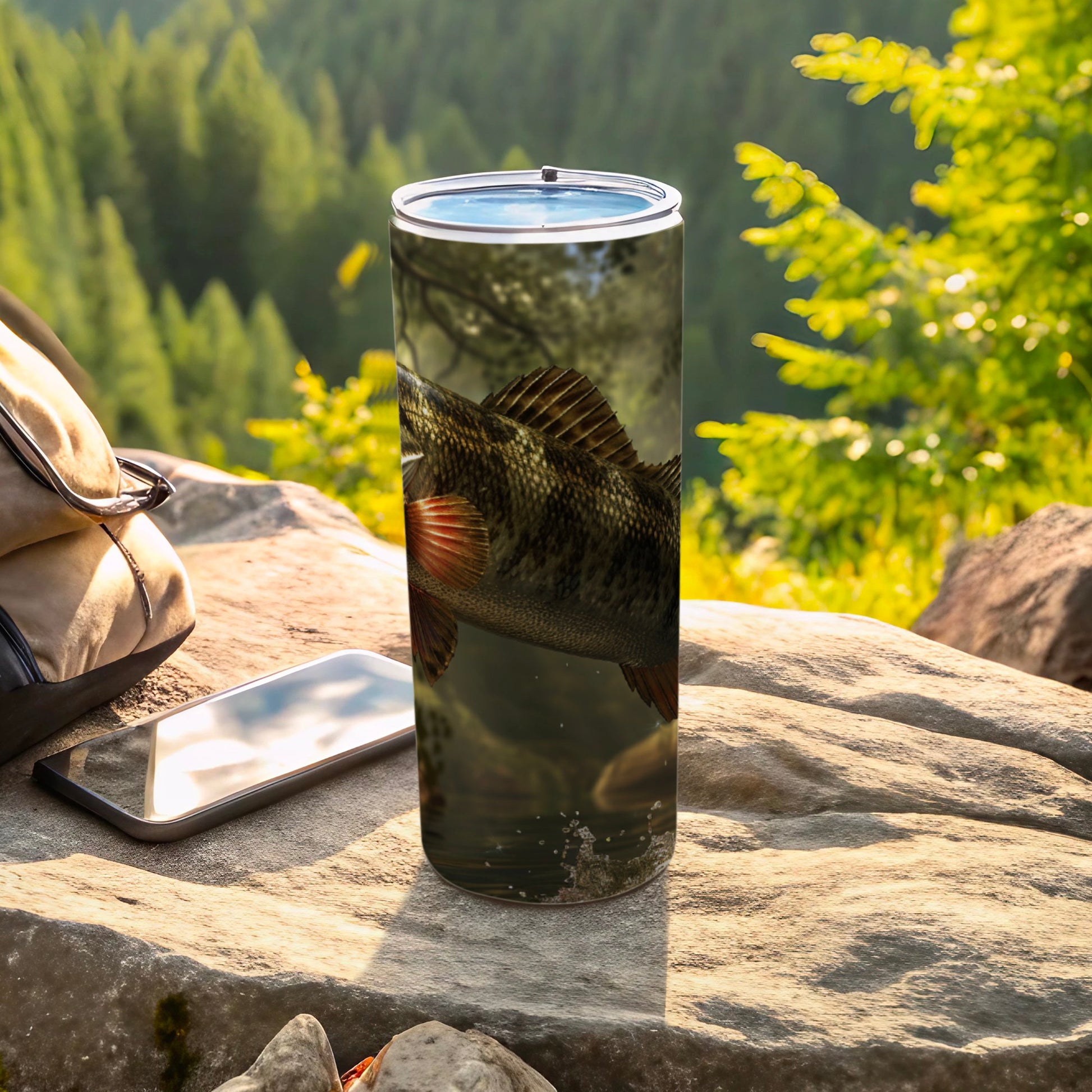 Fishing-themed tumbler featuring a close-up of a fish and forest background.