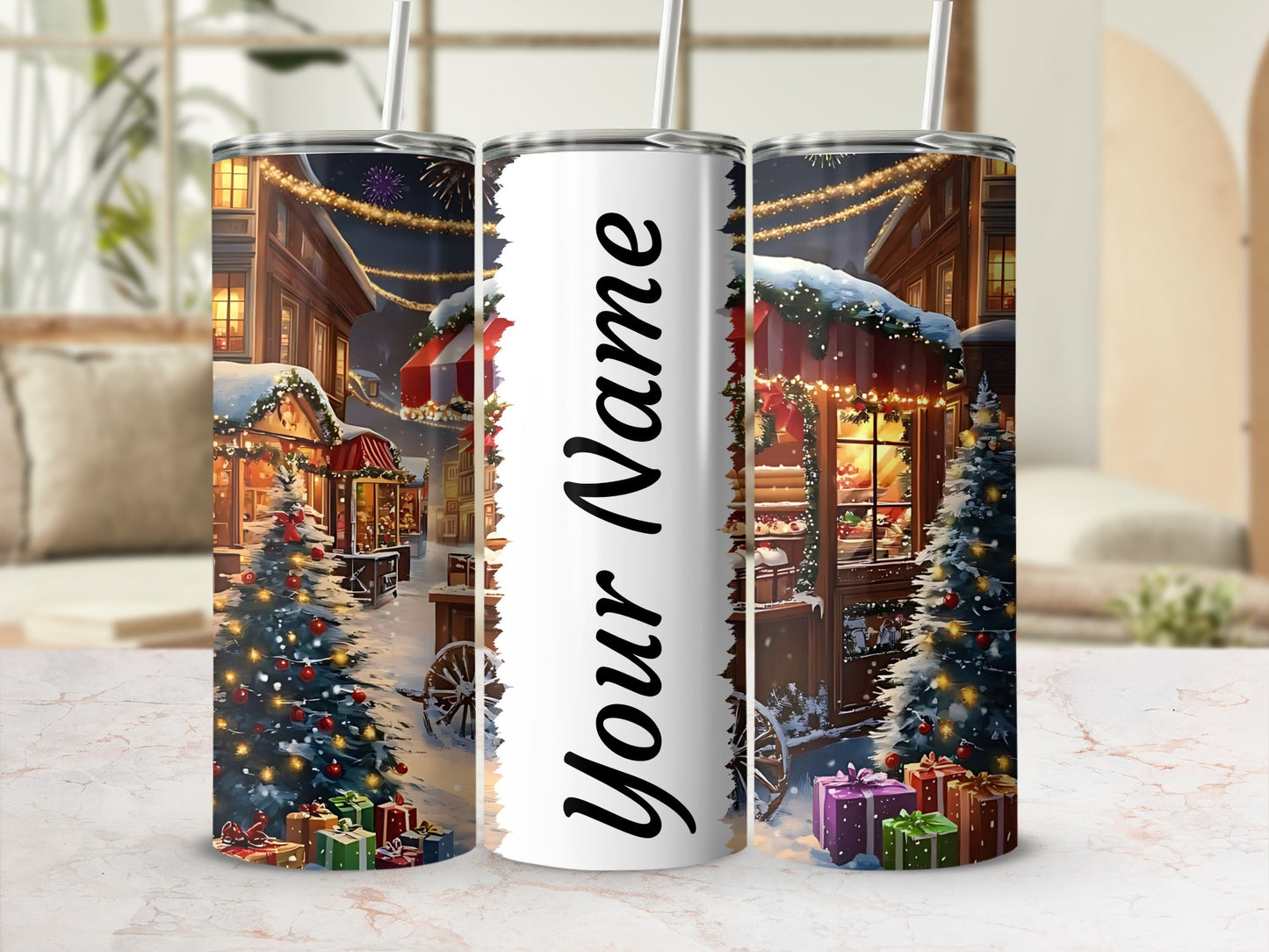 Personalized Christmas Town Scene Skinny Tumbler