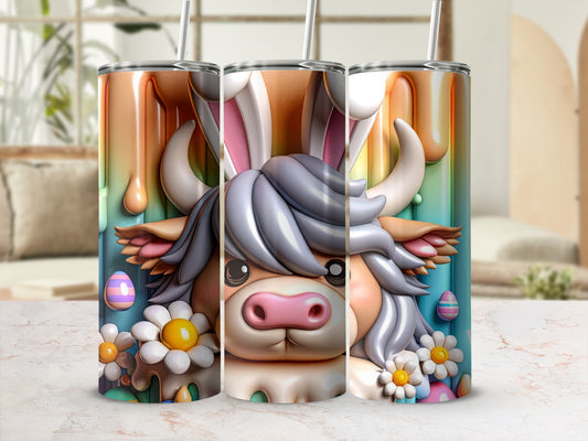 Highland cow with Easter bunny ears and colorful eggs.