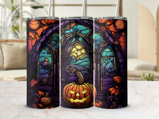 Halloween tumbler with stained glass, owl, and jack-o'-lantern.