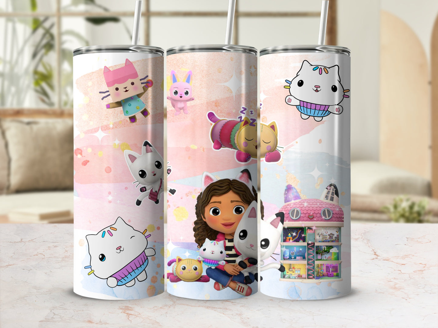 Cute Cartoon Cats and Girl Tumbler 3-Pack Set