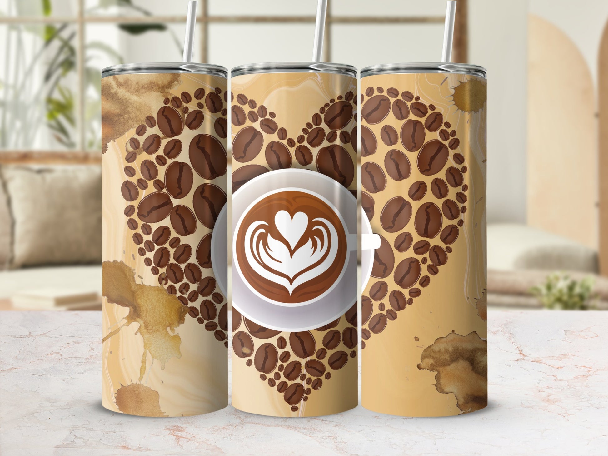 Coffee Beans Heart Design Tumbler Cup with Straw