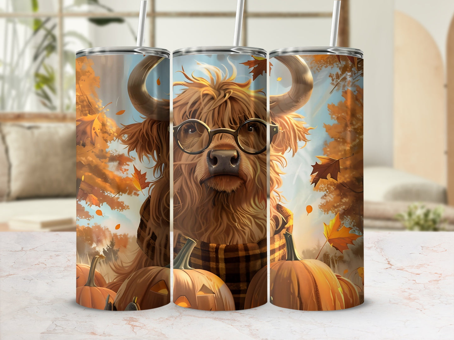 Adorable Highland Cow with Pumpkins Fall Themed Tumbler