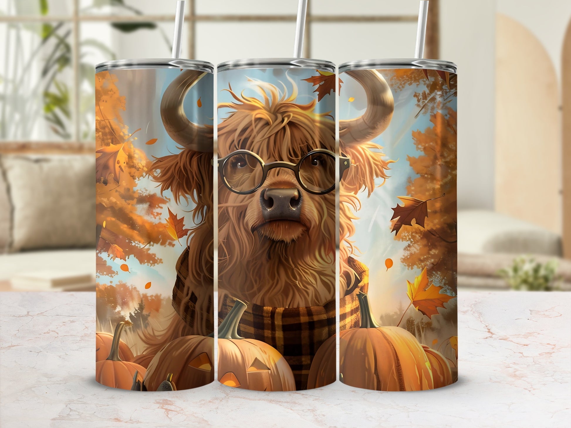 Adorable Highland Cow with Pumpkins Fall Themed Tumbler