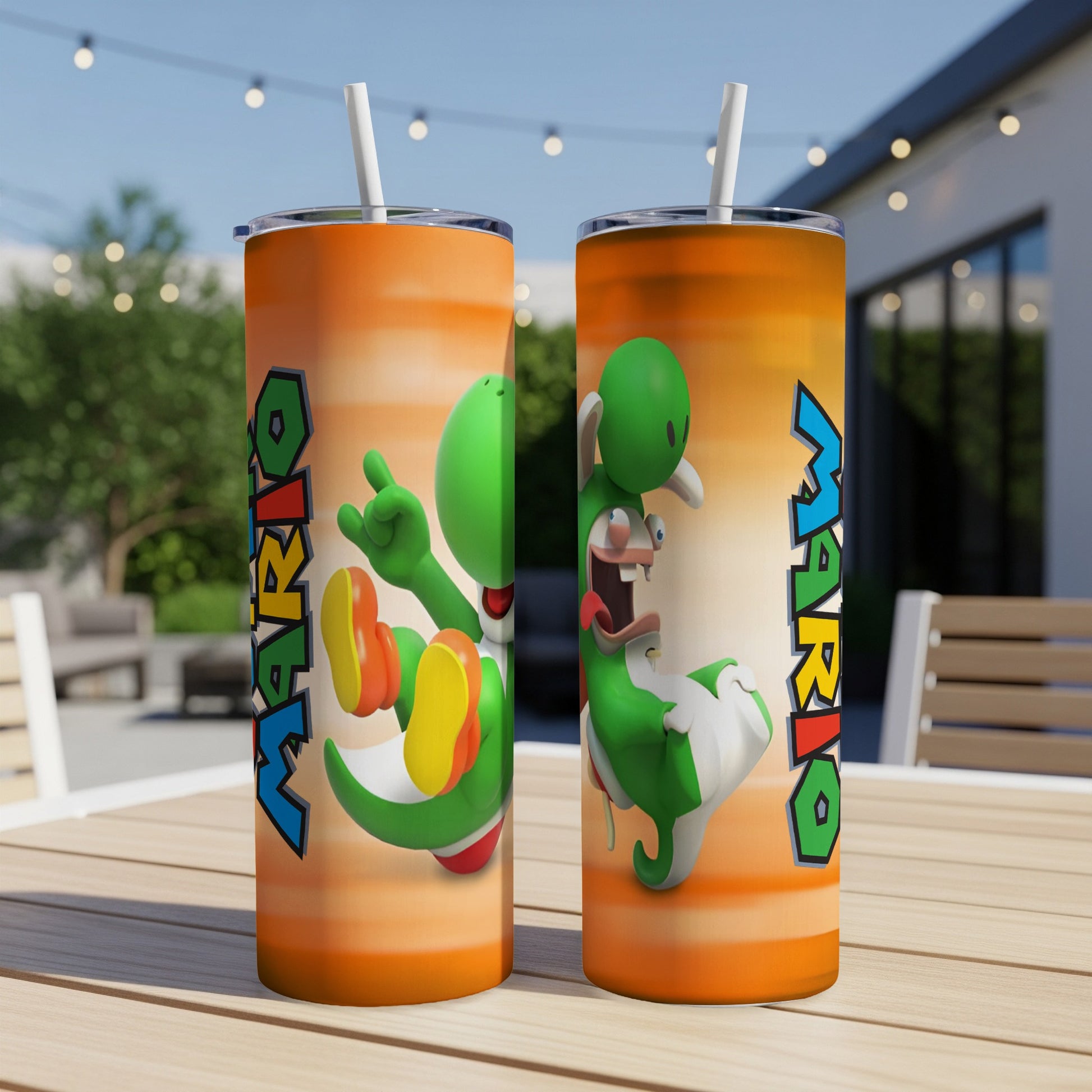 Yoshi character in a playful pose on an orange background, on two tumblers.