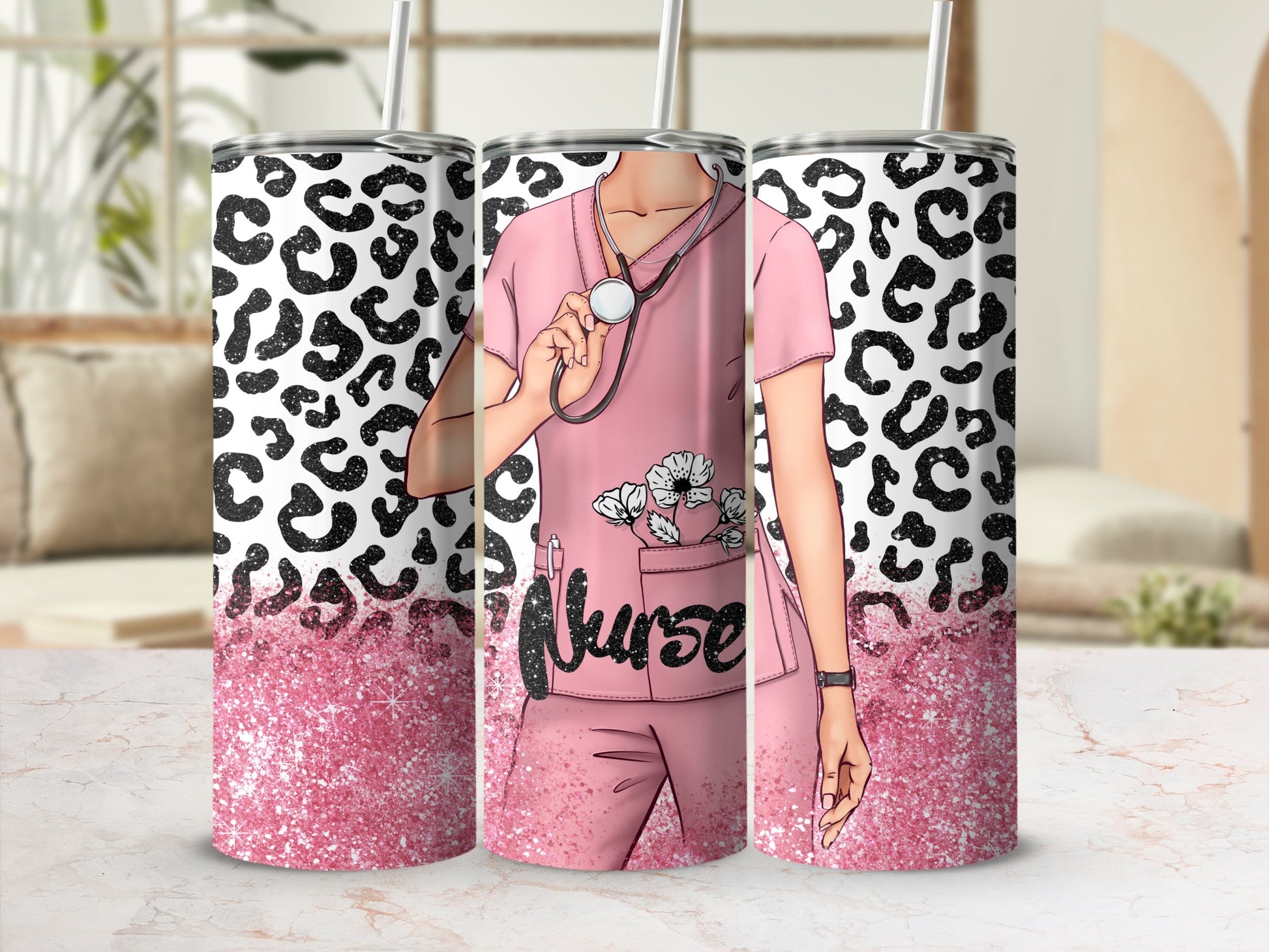 Pink nurse uniform with leopard print and glitter accents, holding stethoscope.