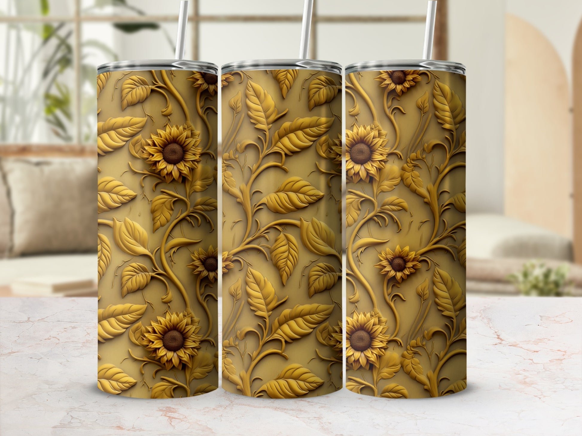Sunflower and Leaf Pattern Printed Tumbler